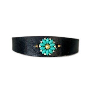 MishaGirl Thin Black Leather Bracelet & Aqua Colored Beaded Flower *Firm Price*